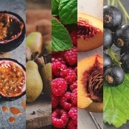 Passion fruit, Pear, Raspberry, Peach, Blackcurrant, Sand